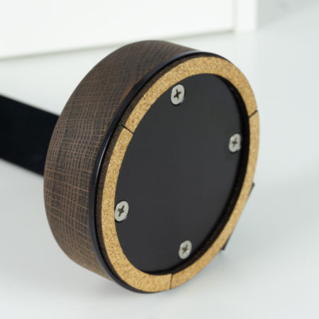 Wood headphone stand, cork base closeup