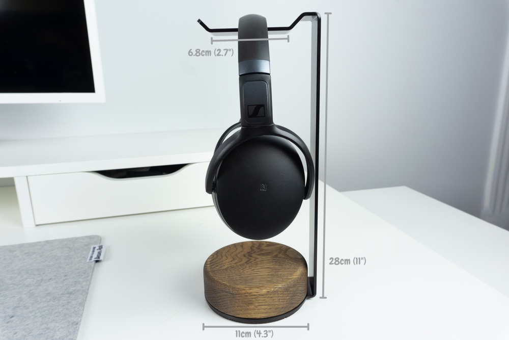 Wooden headset stand - Walnut finish, showing measurements of stand