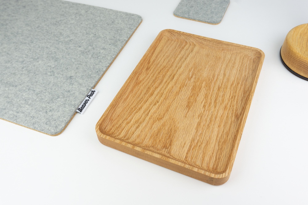 Wood accessory tray, Natural - next to grey desk mat