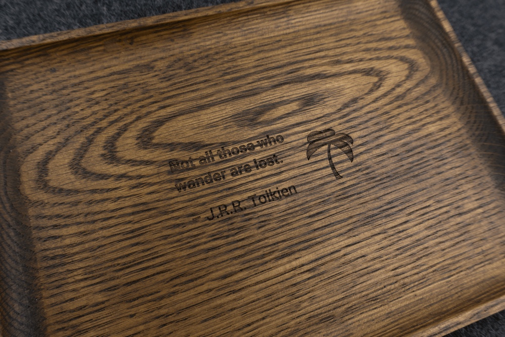 Wood catch all tray - Walnut, with travel quote engraving