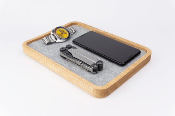 wood jewelry trays - with watch, multitool, and phone
