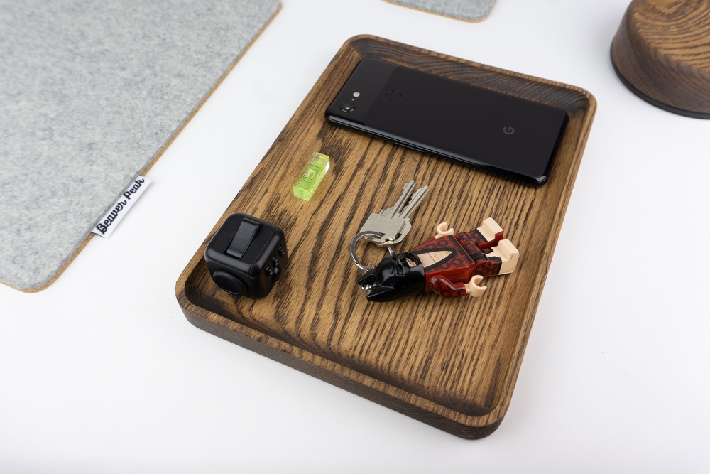 Wood desk tray with keys and phone - walnut finish