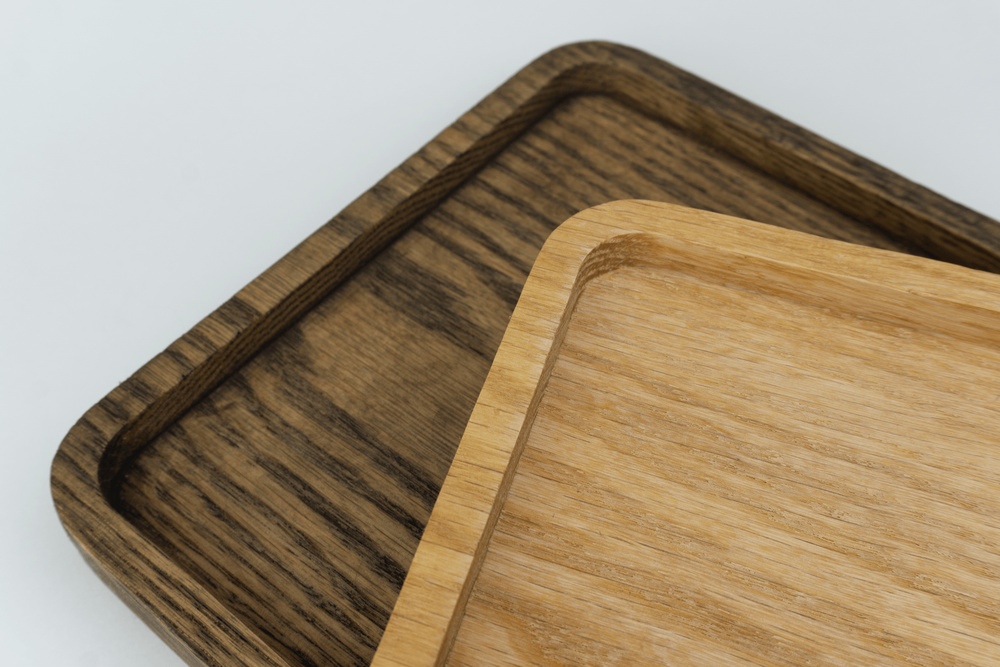 Wood trays close up - square inner edge, walnut and natural