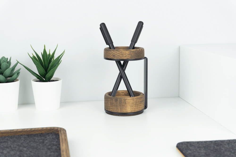 Wooden Pen Stand on desk next to desk plants - Walnut shade