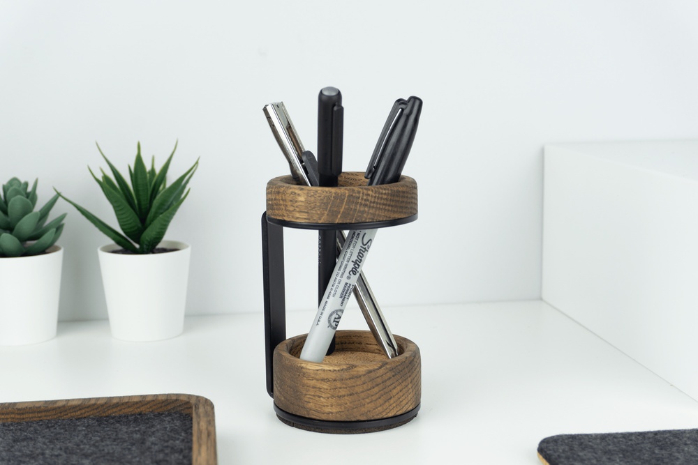 Wood Pen Holder next to desk tray - Walnut, with pens, pencil, and marker