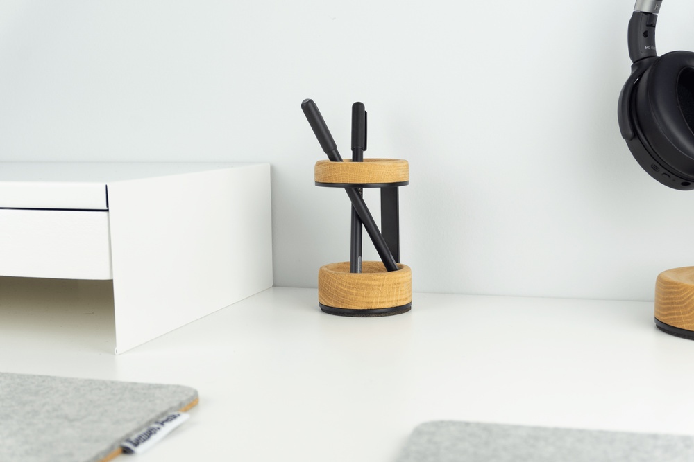 Wooden Pen Holder on desk - Natural colour with standing two pens