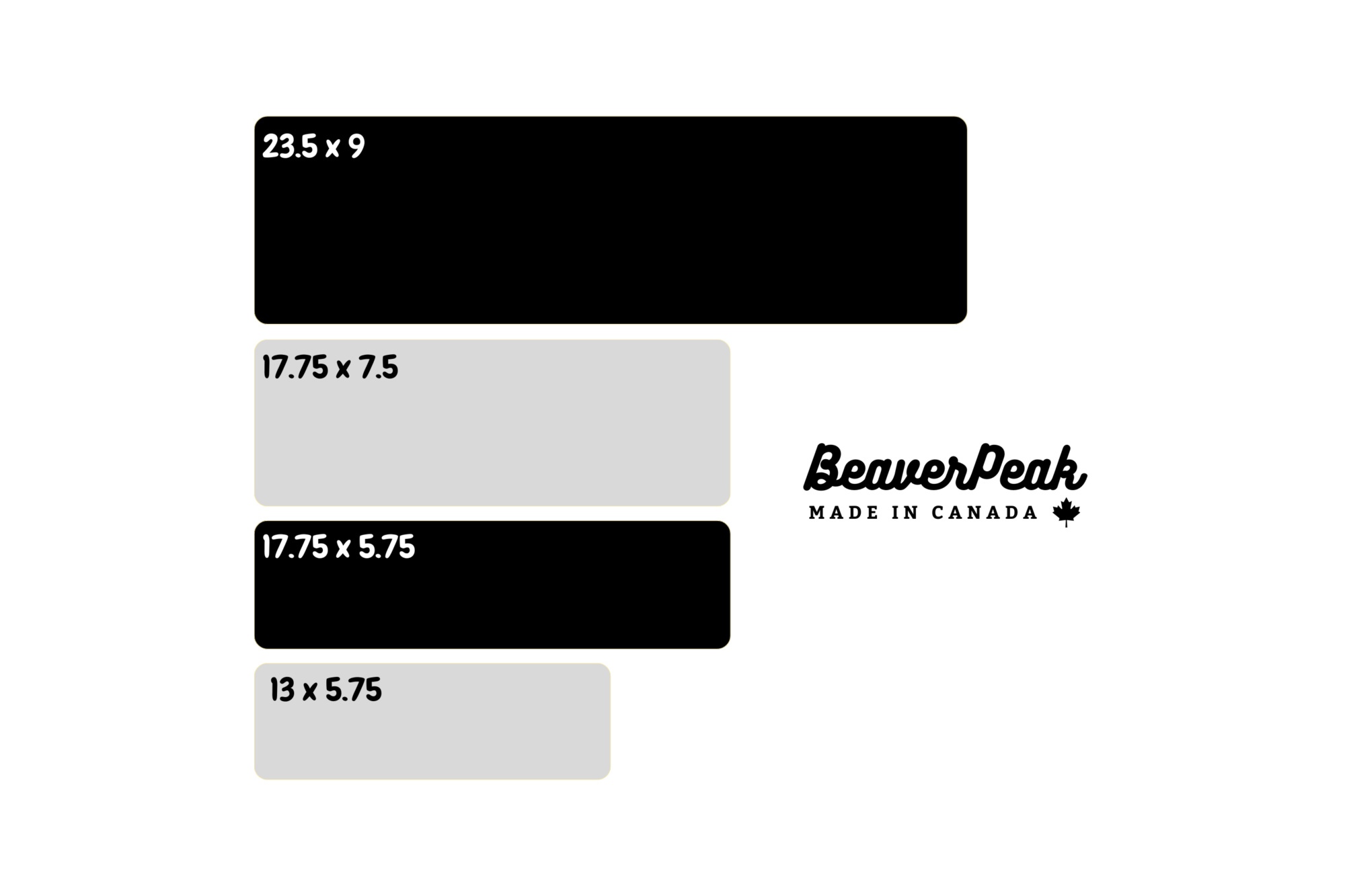 Wool keyboard mat size diagram. The following sizes are shown: 13 x 5.75 inches, 17.75 x 5.75 inches, 17.75 x 7.5 inches, and 23.5 x 9 inches.