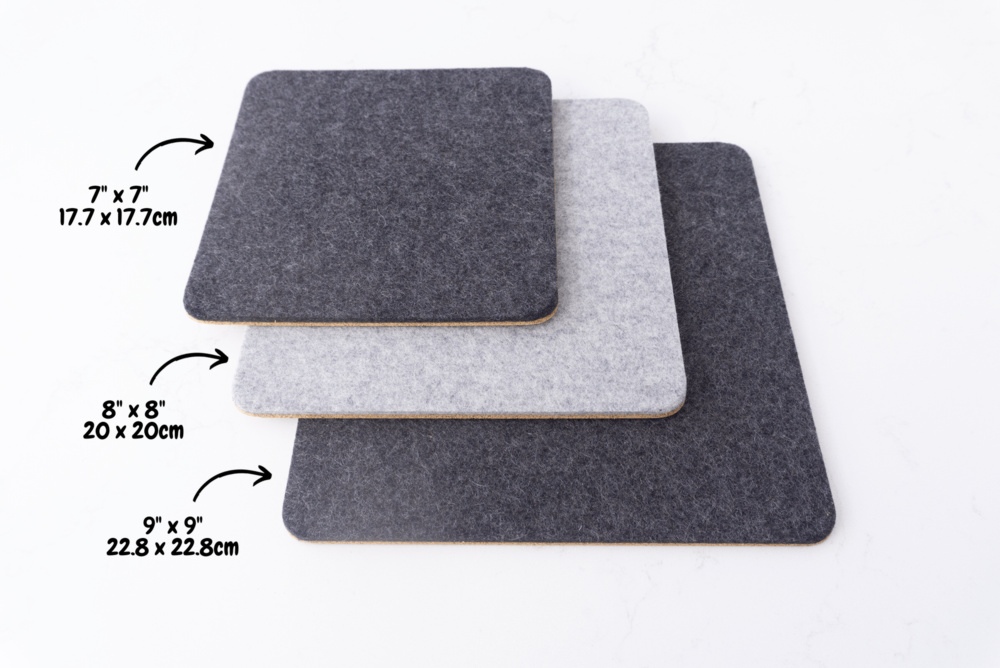 Comparison of all available wool felt trivets. Available in 3 sizes: 7 x 7 inches, 8 x 8 inches, 9 x 9 inches