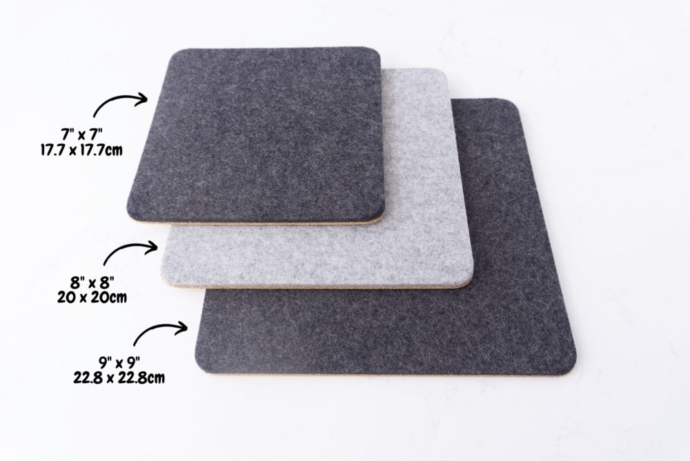 Comparison of all available wool felt trivets. Available in 3 sizes: 7 x 7 inches, 8 x 8 inches, 9 x 9 inches.