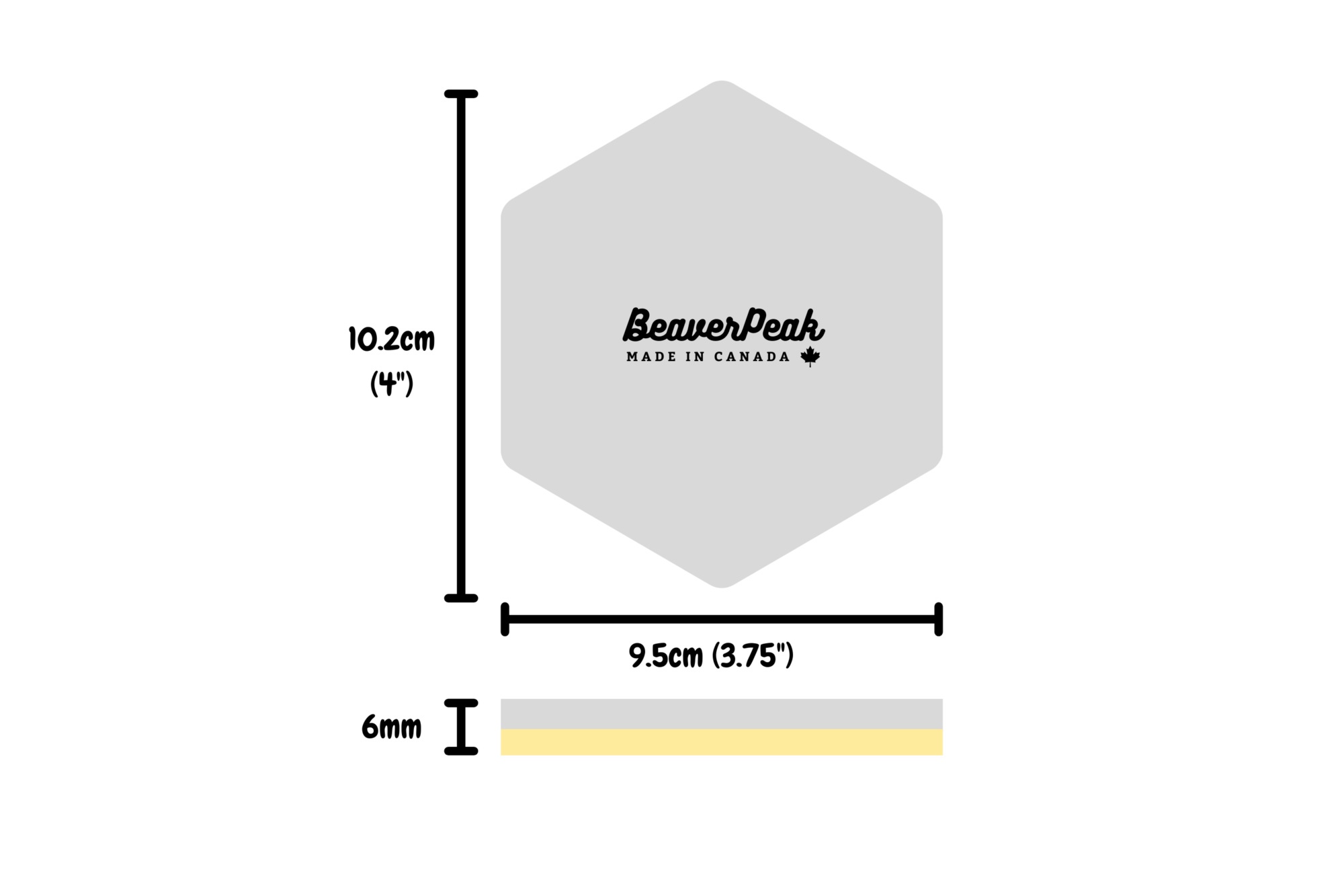 Size diagram of our hexagonal coasters. Each hexagon coaster has a corner to corner length of 10.2cm (4 inches) and an edge to edge length of 9.5cm (3.75 inches).