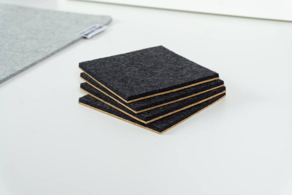 Merino wool coaster set of 4 in black felt with square corners